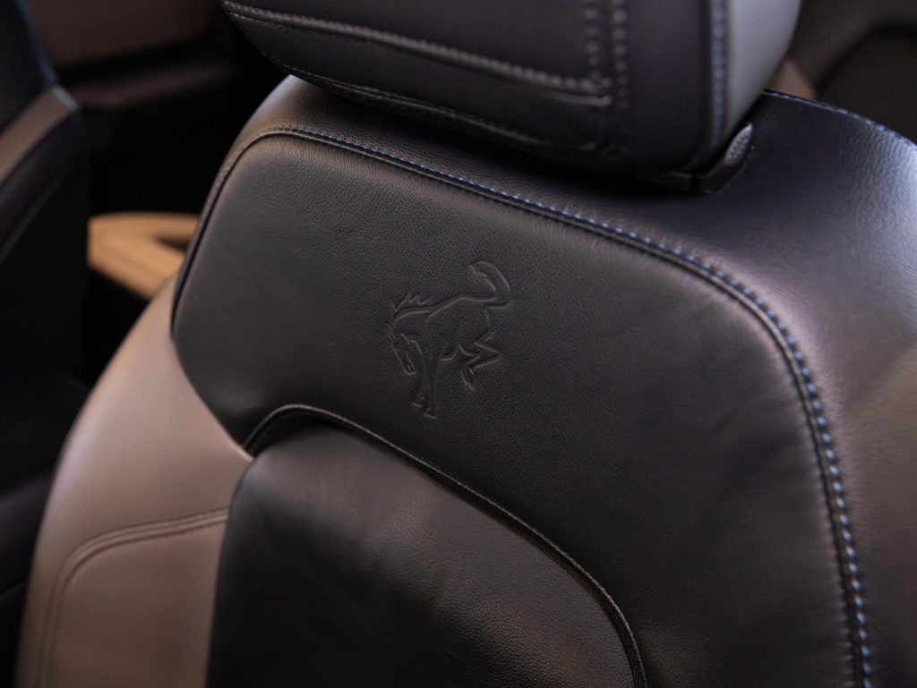 Close-up of a car seat with an embossed logo on the headrest. - Monarch Showroom