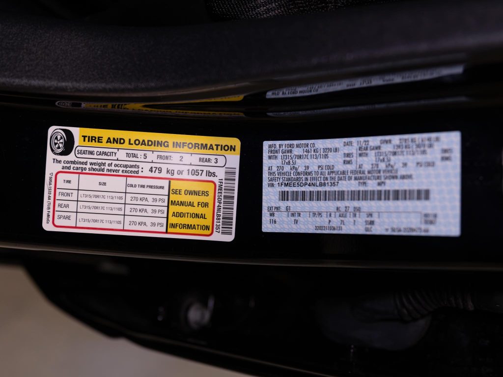 Vehicle tire and loading information label with recommended tire pressures and loading capacity details. - Monarch Showroom