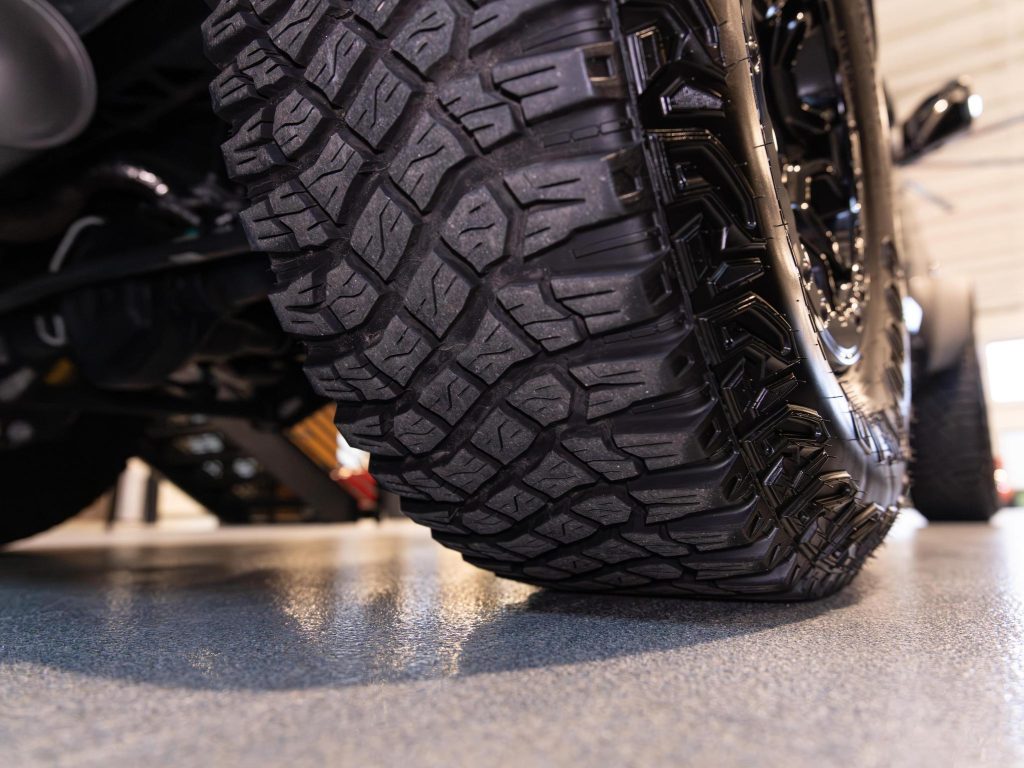 Close-up of an off-road vehicle tire tread pattern. - Monarch Showroom