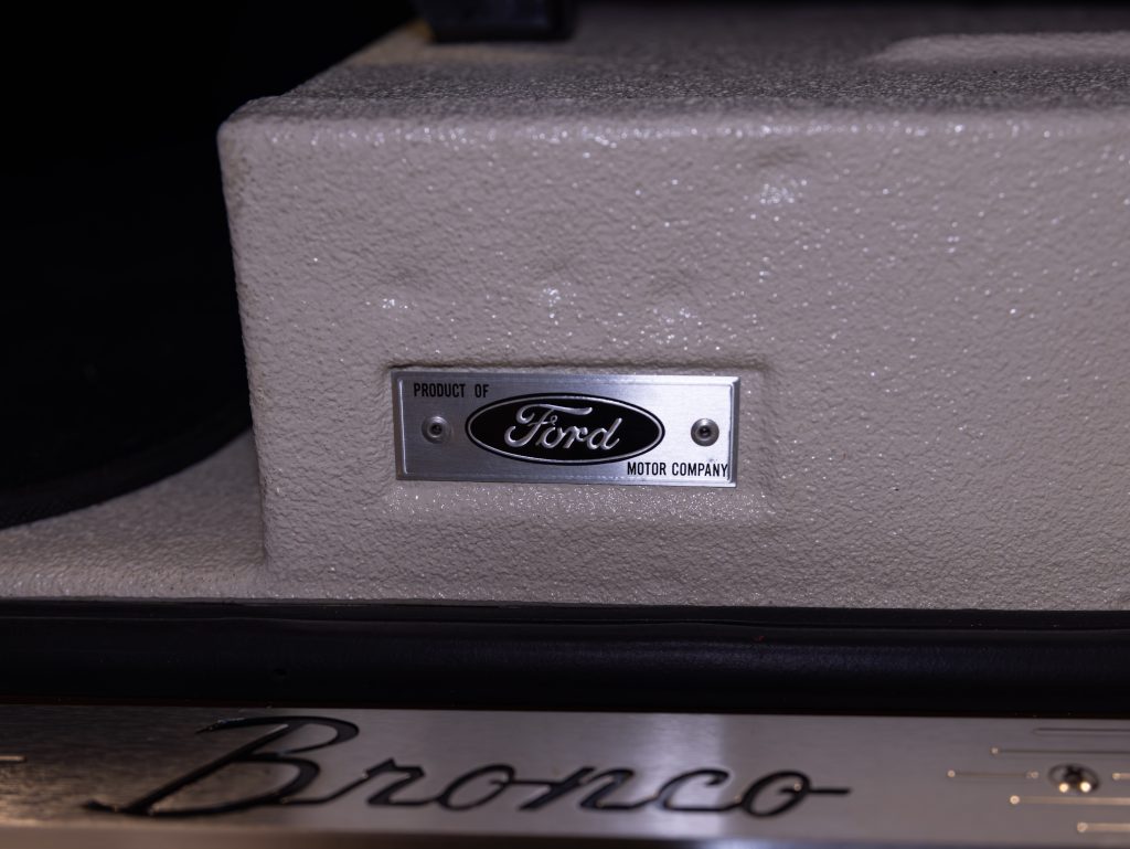 A ford bronco vehicle label indicating it is a product of the ford motor company. - Monarch Showroom